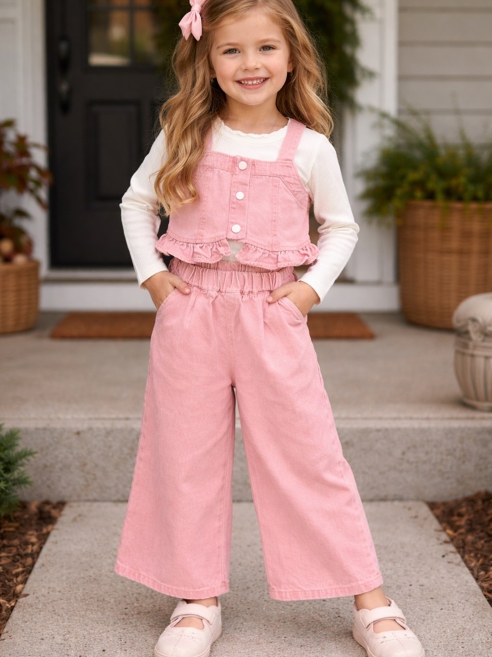 Pink Corduroy Girls Matching Set with Cream Long-Sleeve Top